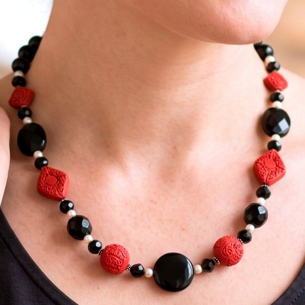 Madame Butterfly Black Red Cinnabar Style Beaded Pearl Toggle Necklace 20in